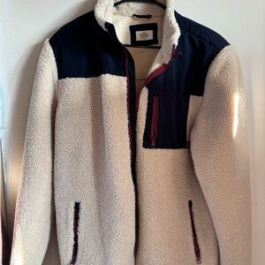 Marine Layer Cream Sherpa Fleece Jacket with Navy Panels and Maroon Zippers